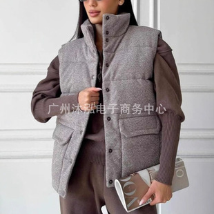 2024 Independent Station Amazon Explosions Autumn and Winter New Loose Pocket Button Cotton-padded Jacket Vest Jacket Vest Women