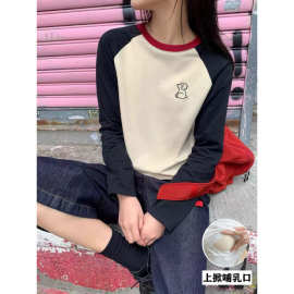 带胸垫秋冬季新款哺乳拼色长袖纯棉T恤产后月子期喂奶打底上衣服