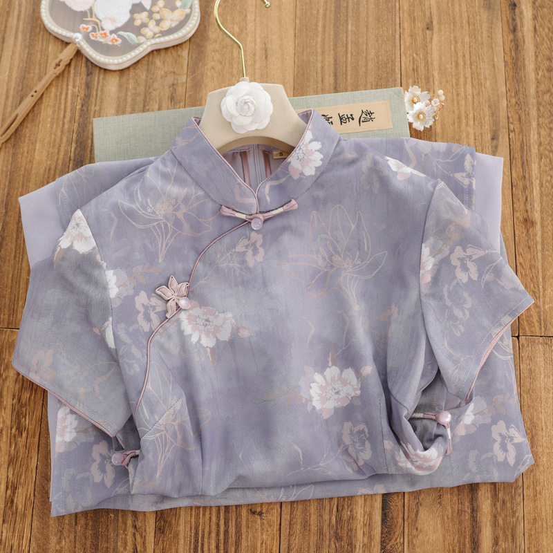 Elegant Purple New Chinese-Style Improved Ao Dai Cheongsam Dress for Women, 2026 Spring/Summer New Short-Sleeve Dress for Young Women
