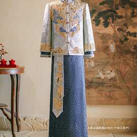 男士秀禾服2024新款重工蓝色出阁服质感接亲服新中式婚服秀禾