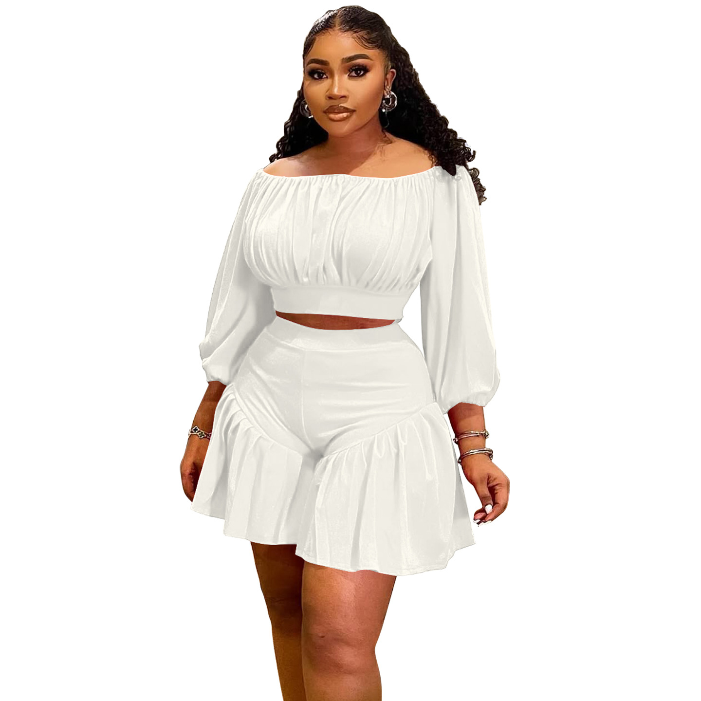 350g Weight Long Sleeve Sleeve Length Spandex, Polyester Fabric Type Shorts Co-ord Set Sets Type 2 Pieces Set Quantity Daily Occasion Off Shoulder Neckline Slim Fit Type Solid Color Pattern Summer Season Casual Style Daily Casual Solid Color Spandex Polyester Shorts Co-ord Set Plus Size Two-piece Sets 18