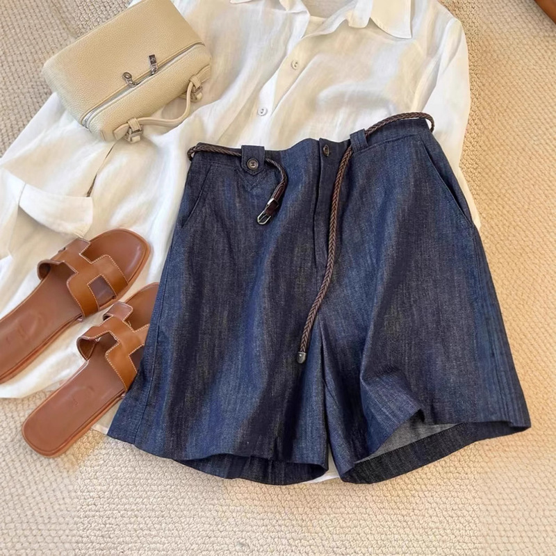 God pants, addictive somatosensory!!! dark blue Linen Jeans Women's High Waist Wide Leg Cotton Linen Shorts