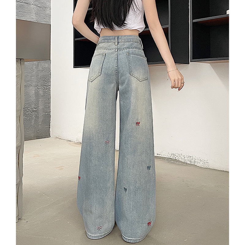 美式高街牛仔裤女蓝色刺绣休闲百搭高腰显瘦宽松直筒阔腿拖地裤子|undefined
