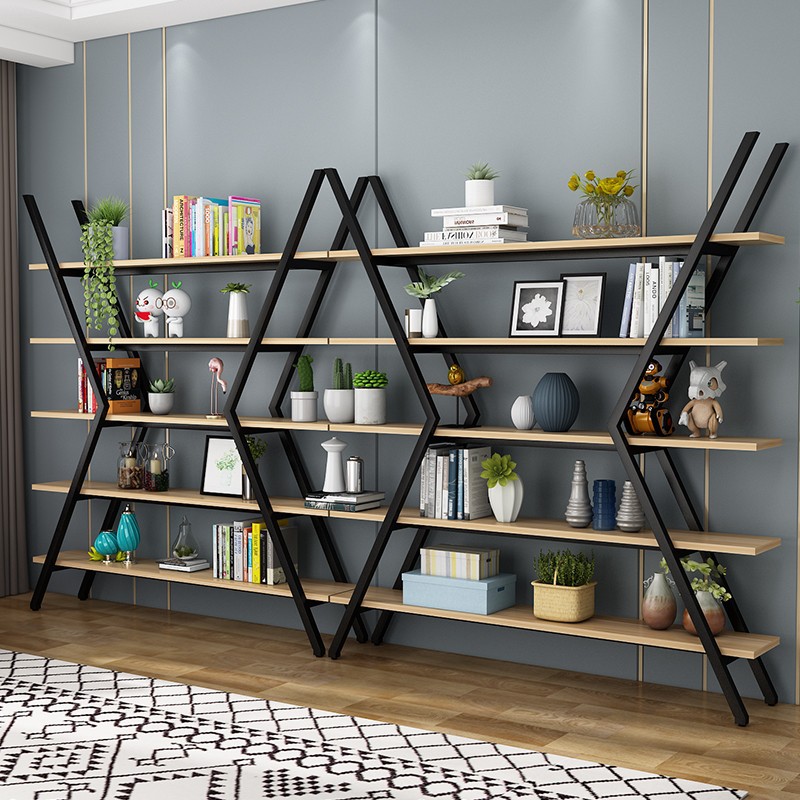 Wrought Iron Bookshelf Storage Rack Floor-Standing Household Multi-Layer Storage Rack Living Room Bookcase Simple Steel Wood Shelf Storage Customization