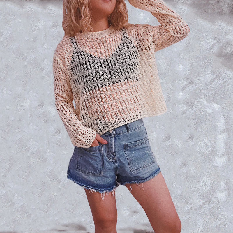 2023 cross-border Amazon leisure beach sunscreen blouse crew neck long sleeve hollow simple pullover sweater