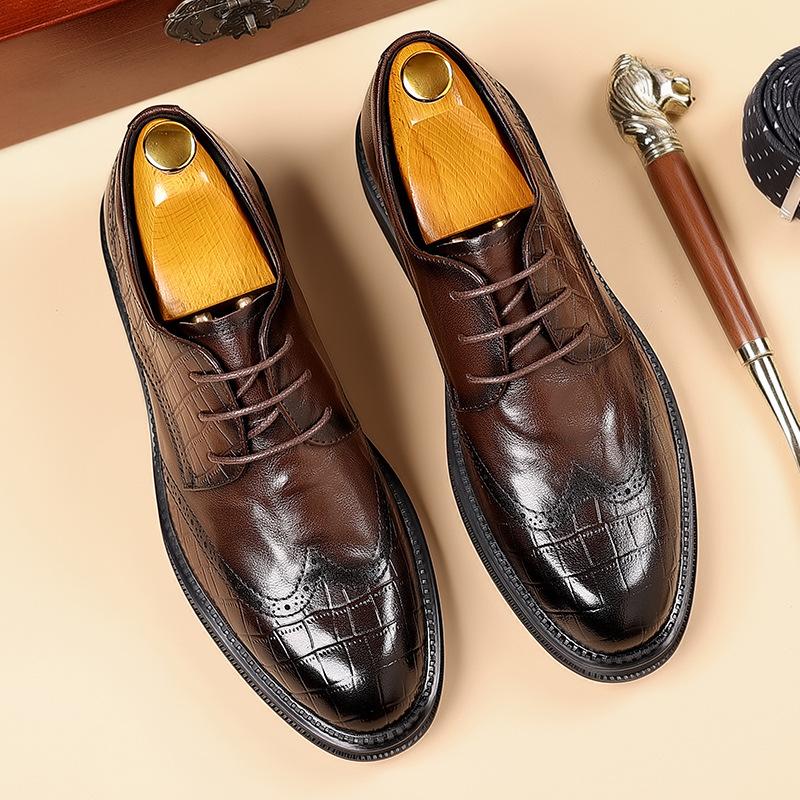 Zapatos de cuero de negocios de otoño para hombres, lazos de estilo británico transpirables, zapatos de boda casuales suaves