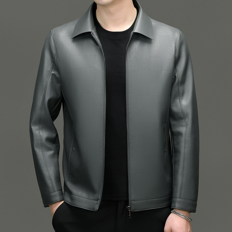 Classic Polo collar men's leather jacket 2024 spring new middle-aged business casual PU leather jacket loose coat for men