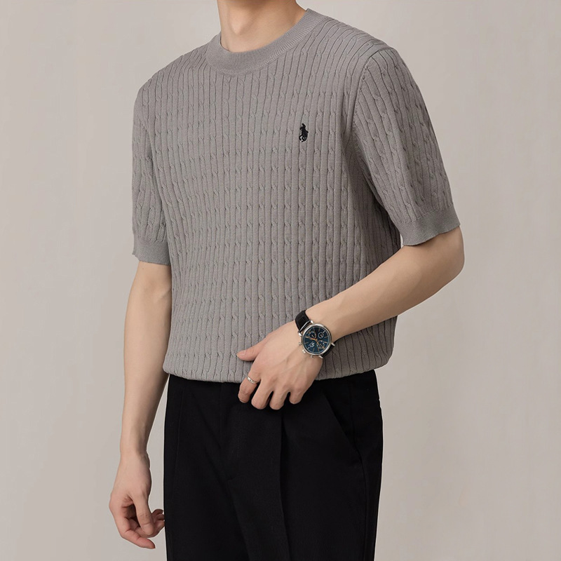 Camiseta de punto de manga corta camiseta masculina marcas de caballo bordadas viejas flores de negocios de hielo seda fábrica de verano transfronteriza al por mayor