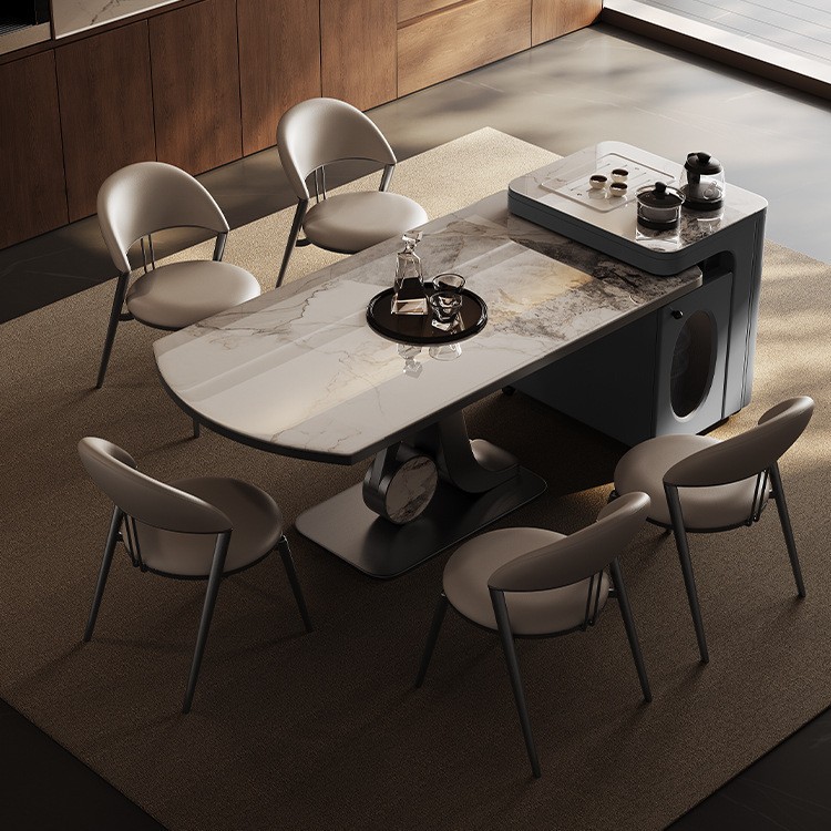 Mesa de mesa redonda de mesa de mesa de mesa redonda de isla de roca, hogar integrado, apartamento pequeño, lujo ligero, mesa de guía central retráctil plegable de alta gama, mesa de comedor invertida