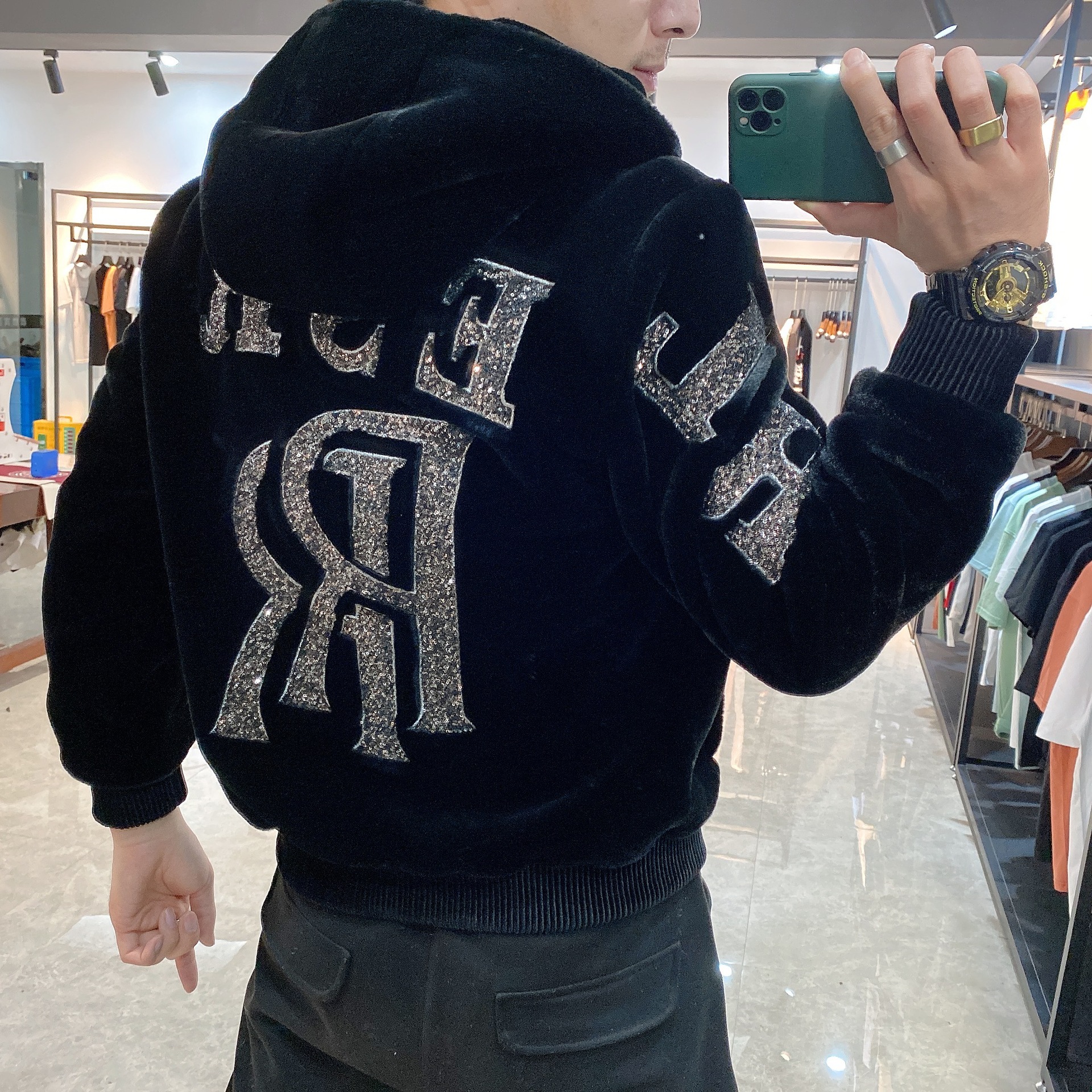 European goods Gold mink leather and fur Hooded Men's coat Sequin embroidery Trend fashion Sheepskin Hangmian Mosaic