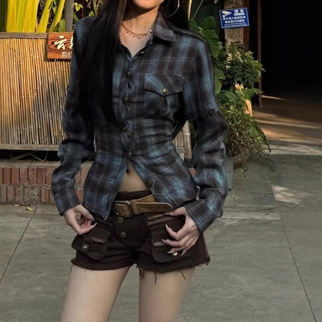 American Style Retro Hot Girl Hollow Backless Short-sleeved Shirt Women's Spring Design Sense Slim-fit All-match Plaid Shirt