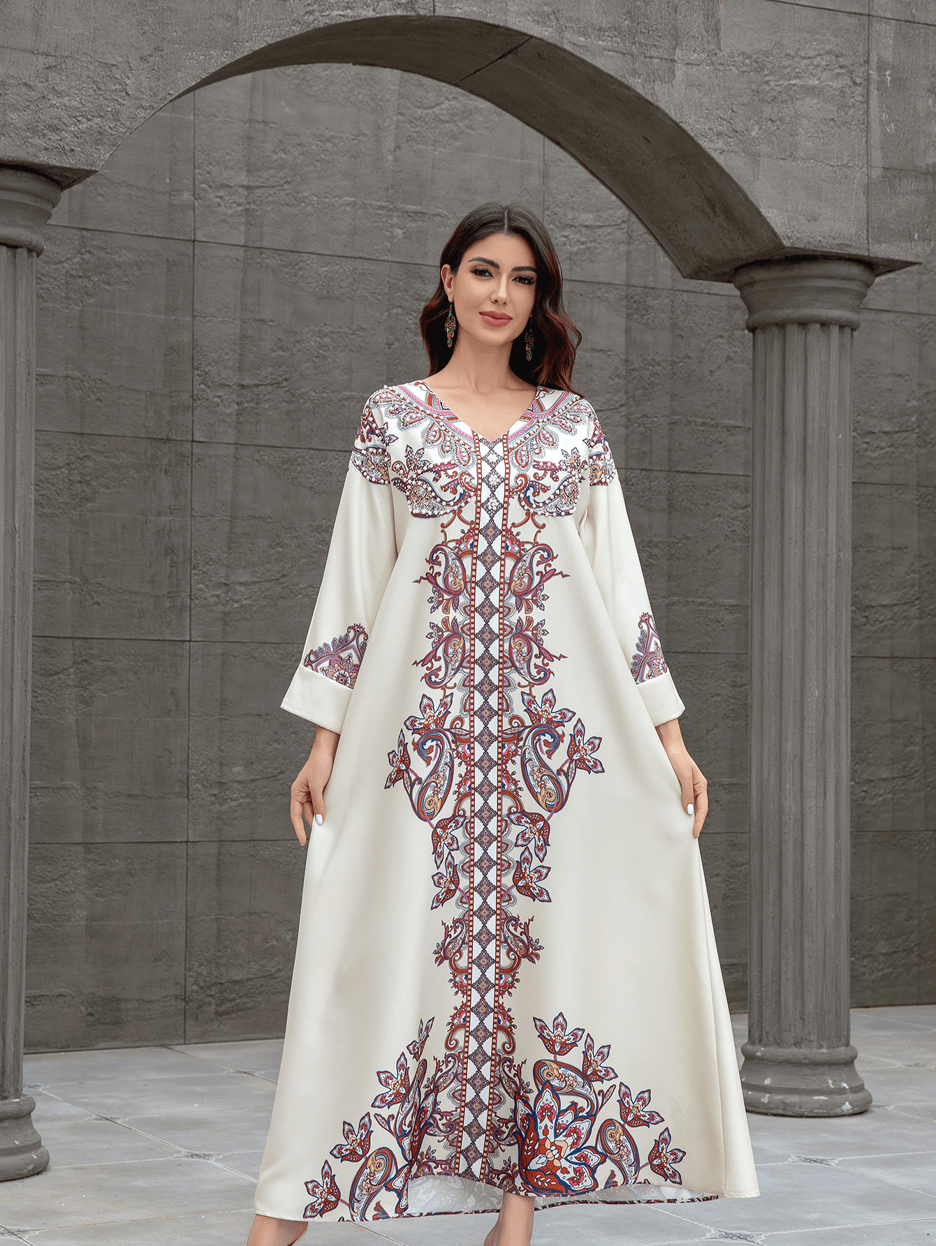 SW0826 Middle Eastern Cross-Border Muslim Women's Robe Elegant Printed Beaded Dress Dubai Foreign Trade Abaya_ecoleips.com