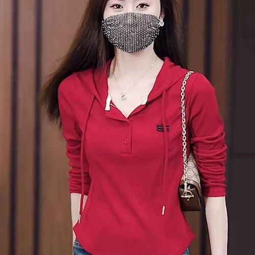 Mid-year leisure top 2025 versatile hooded sweatshirt spring and autumn thin style temperament slender covering stomach women long sleeve t-shirt