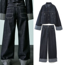 外贸批发欧美风牛仔夹克卷边裤脚宽裤腿牛仔裤时尚套装女春秋