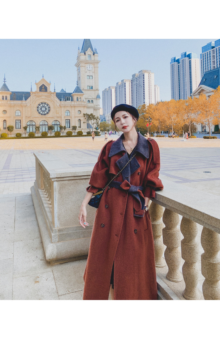 Women's Long Woolen Coat Brick Red Hepburn Style Winter Overcoat_voghion.com