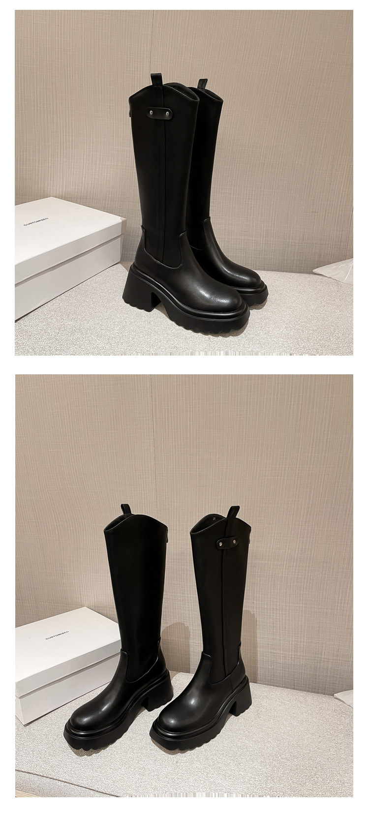Boot nữ cổ cao ôm bắp chân đế dày gót thấp da thật mùa thu đông — Lớp lót nhung ống lớn màu nâu, Màu nâu cộng với lớp lót đơn lớn, Màu nâu cộng với lớp lót nhung lớn, Lớp lót nhung ống lớn màu đen chi tiết 14