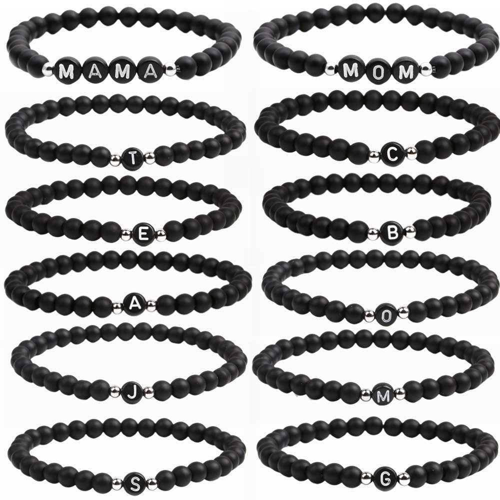 Comercio exterior transfronterizo Amazon 6mm negro esmerilado piedra pulsera europeo y americano 26 letras inglesas pulsera con cuentas fabricante