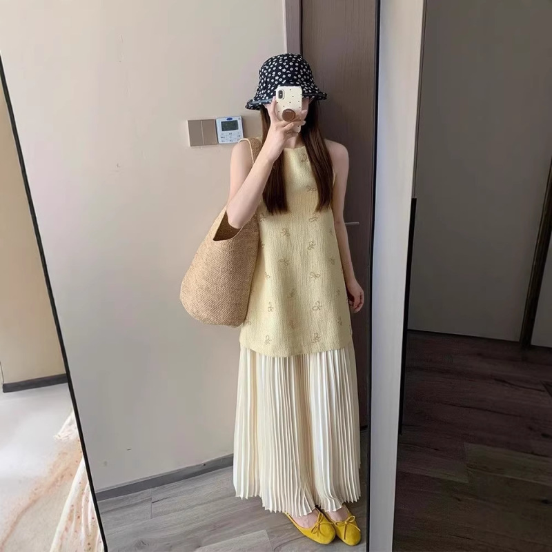 French-Style Faux Two-Piece Chanel-Inspired Dress for Women, Summer Light Luxury High-End Feel, Seaside Vacation Elegant Long Dress That Reaches the Ankles