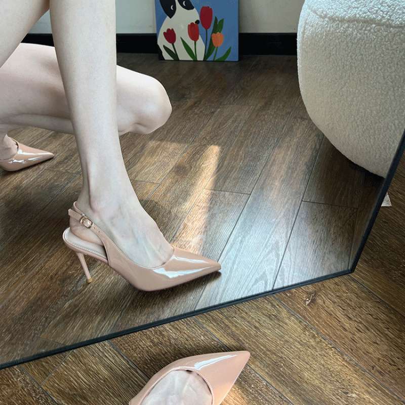 2025 Spring and Autumn New Pointed Toe Nude Patent Leather Shallow High Heels Women's Thin Heel Single Shoes Back Air Quality Sandals