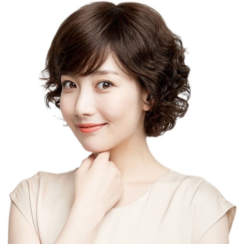 女性用ショートヘアウィッグ、本物の人毛、フルウィッグ、母親、女性、フルヘッドセット、中高年、ショートカールヘア、芸能人同型|undefined
