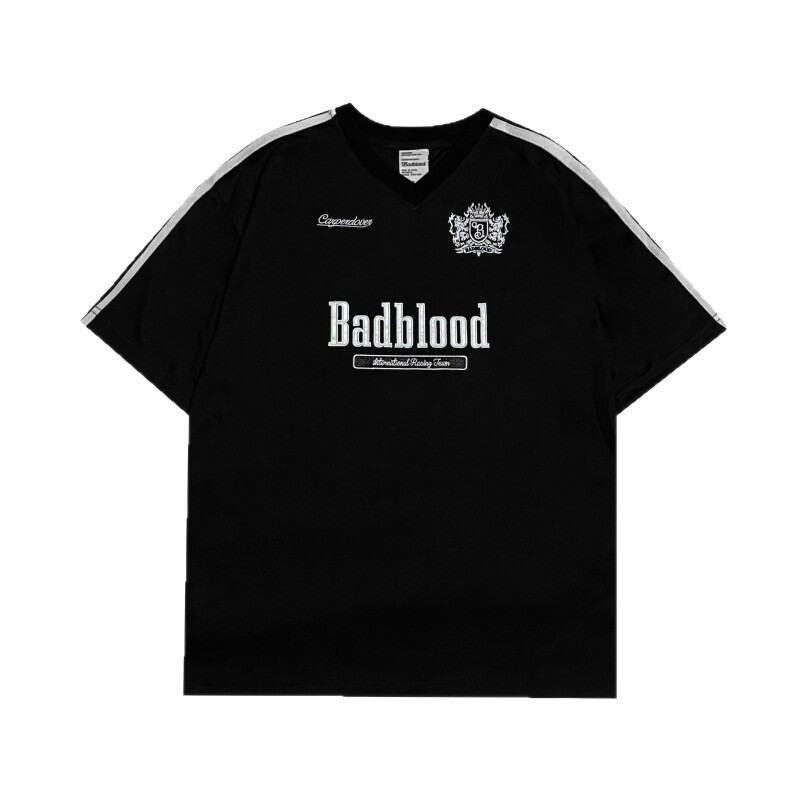 韓国トレンドブランドbadblood刺繍文字Vネック半袖Tシャツレディースyeri同スタイルアメリカンルーズレトロトップス|undefined