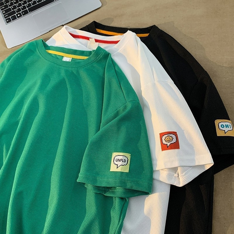 Craftsmanship and Artistry: Waffle Short Sleeve T-Shirt for Men, 2026 Summer New Hong Kong Style Loose Design with Patchwork Base Shirt Craftsmanship and Artistry: Waffle Short Sleeve T-Shirt for Men, 2026 Summer New Hong Kong Style Loose Design with Patchwork Base Shirt