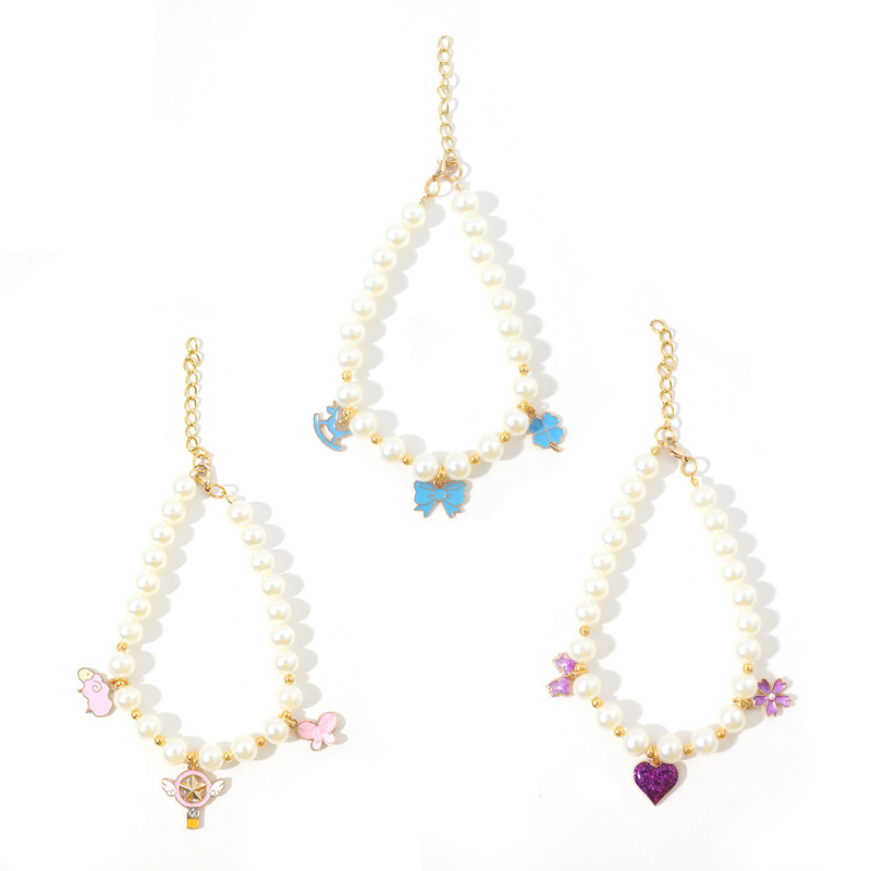 Colgante de amor de perlas Collar para mascotas Perla de imitación Encaje británico Collar para mascotas con lazo de perlas