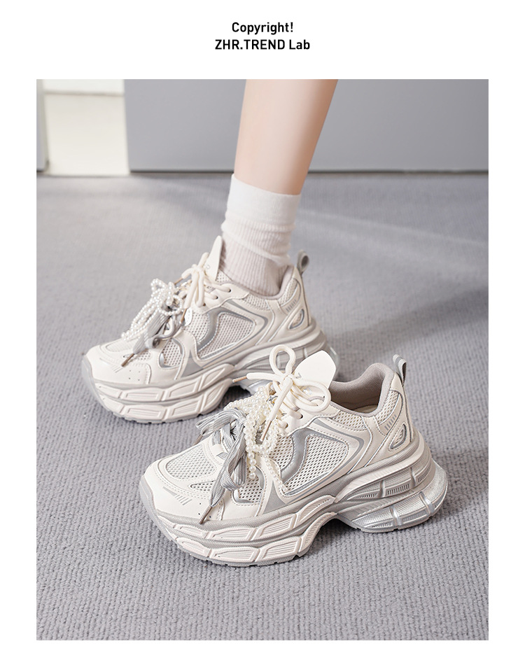 Giày sneaker nữ chunky đế dày 7,8cm mặt lưới thoáng khí dây ngọc trai — KD29E Màu be chi tiết 19