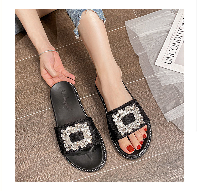 2025 verano nuevo lazo con diamantes de imitación hebilla cuadrada plana casual zapatillas de mujer sandalias de una tira para mujer ropa de exterior talla grande 41_voghion.com