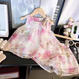 Ancorelala女童2026粉色玫瑰花无袖上衣加短裤两件套女宝可爱套装