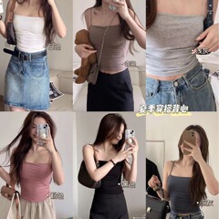 韓社百搭bra細肩小吊帶褶皺打底背心女無痕修身帶胸墊外穿上衣夏