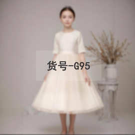 G95专拍链接香槟色蓬蓬纱缎面无袖公主裙女童生日派对钢琴演出服