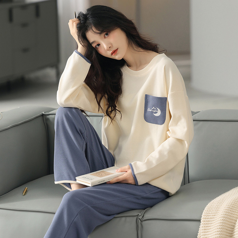Pajamas for Women Spring and Autumn Pure Cotton Long-Sleeved Korean Style Set Autumn New Waffle Casual Comfortable Loungewear Pajamas for Women Spring and Autumn Pure Cotton Long-Sleeved Korean Style Set Autumn New Waffle Casual Comfortable Loungewear
