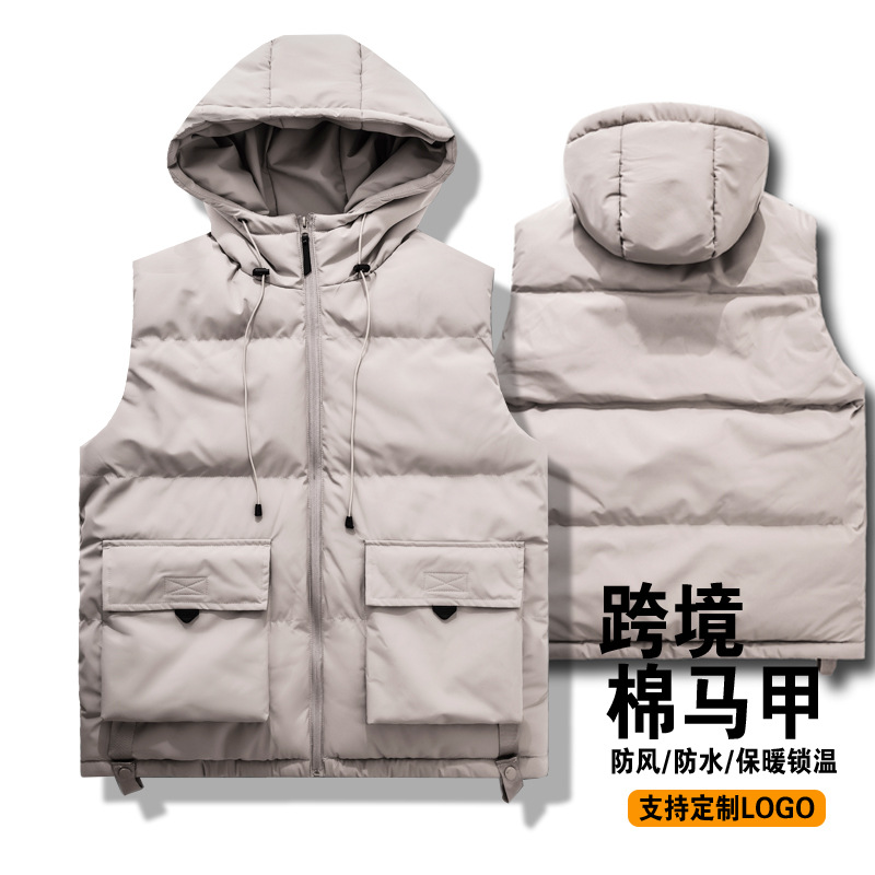 跨境款棉马甲男士宽松百搭无袖连帽棉衣秋冬季时尚工装棉马夹外套