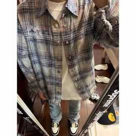 格子衬衫男衬衣外套感慵懒风潮牌破坏休闲复古美式女显瘦宽松春秋