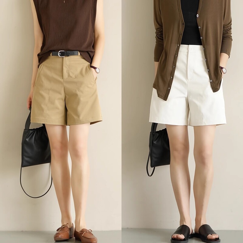 Soft Cotton Women's Bermuda Shorts, Wrinkle-Resistant Work Shorts, Slim-Fit Suit Pants, Summer Style, Women's Leather