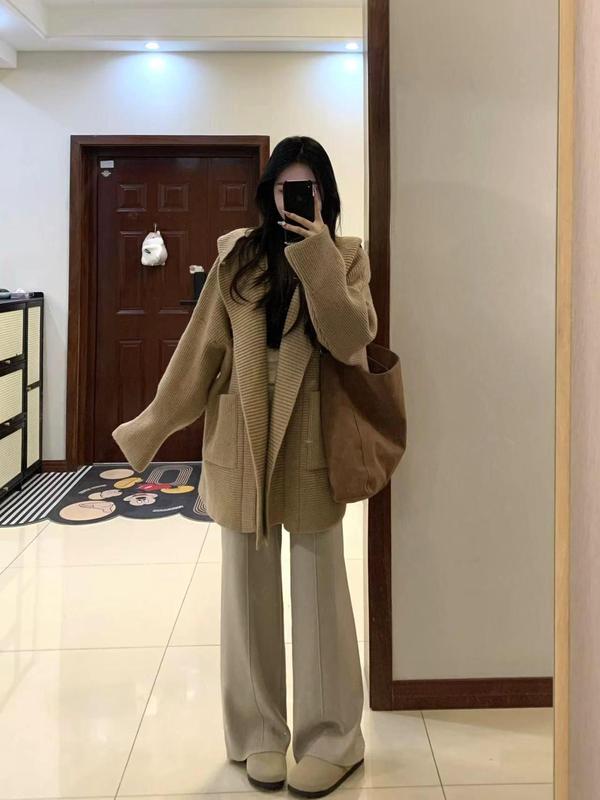 慵懒风连帽口袋毛衣开衫女秋冬韩系廓版中长款宽松针织衫外套|undefined
