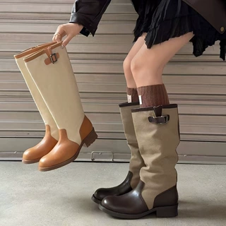 牛皮版粗跟厚底皮带扣高筒机车靴女堆堆长筒骑士靴大筒围时装女靴