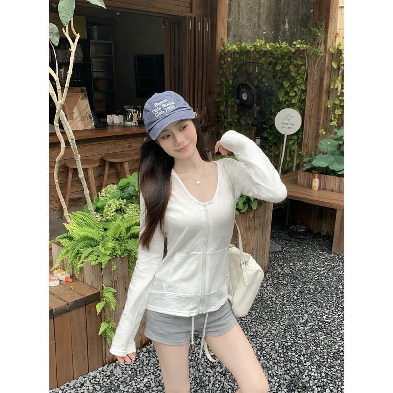 白色修身纯欲风连帽防晒开衫女夏季薄款拉链短款上衣韩版空调外套|undefined