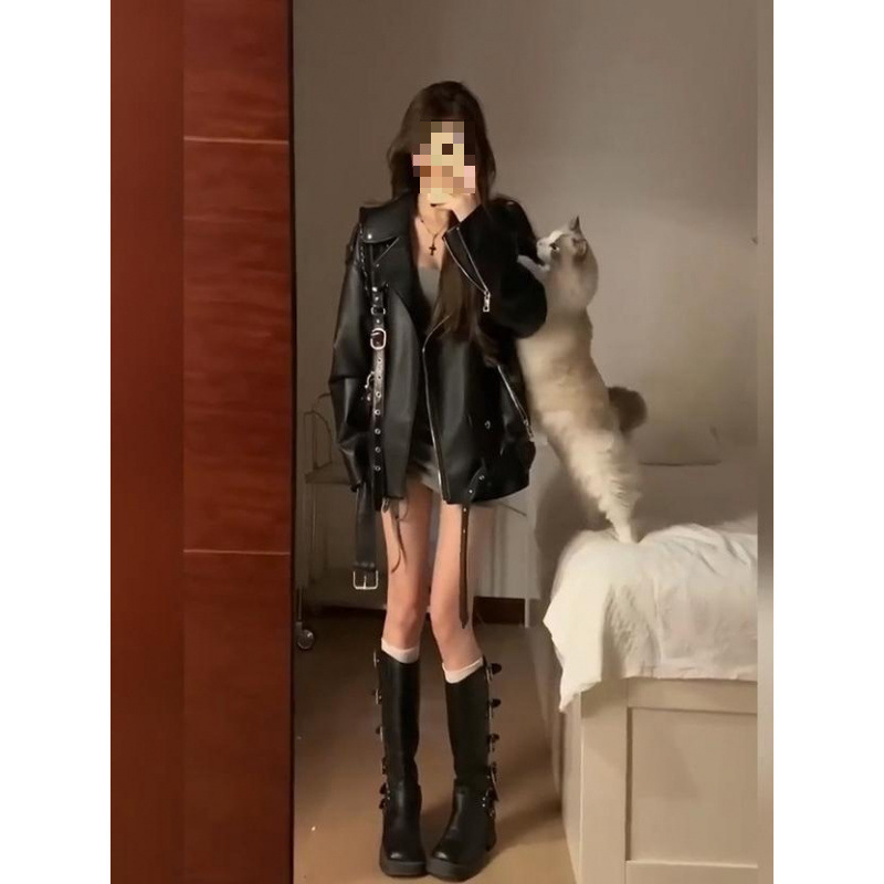 2025 American Cool Style Black Leather Jacket Women's Autum Loose Street Motorcycle Jacket Pu Leather Jacket Top