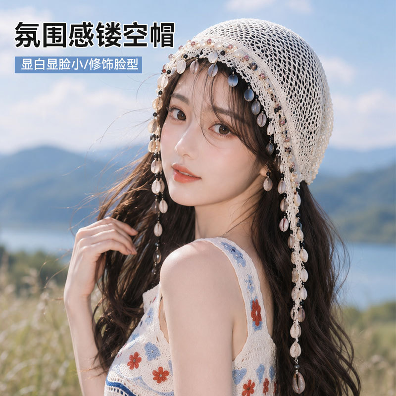 日系复古镂空透气堆堆帽子女秋季韩版百搭针织帽宽松显脸小包头帽