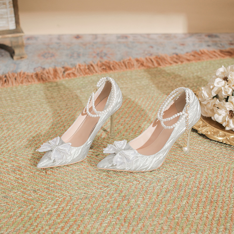 Glitt New Style Thin Heel Pointed Pearl One Character Belt Hollow Bow silver Wedding Wedding Bride Shoes Bridesmaid