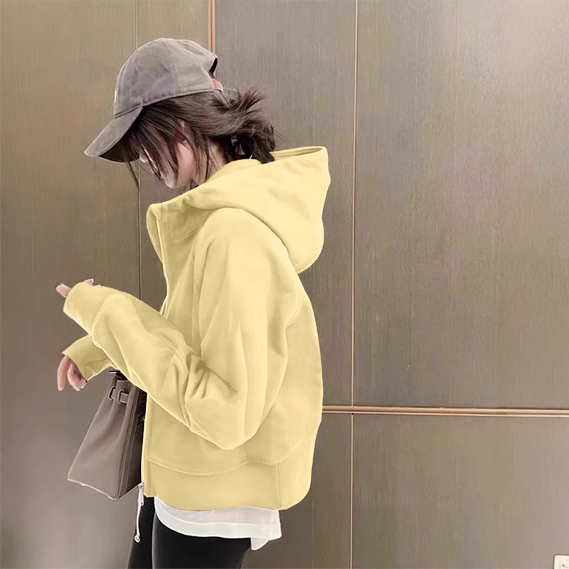 Jimo Sweatshirt, Yellow Short Jacket for Women, 2026 New Style, Cardigan with Hood, Regular Shoulder, Slim Fit, Early Autumn Korean Style Outfit