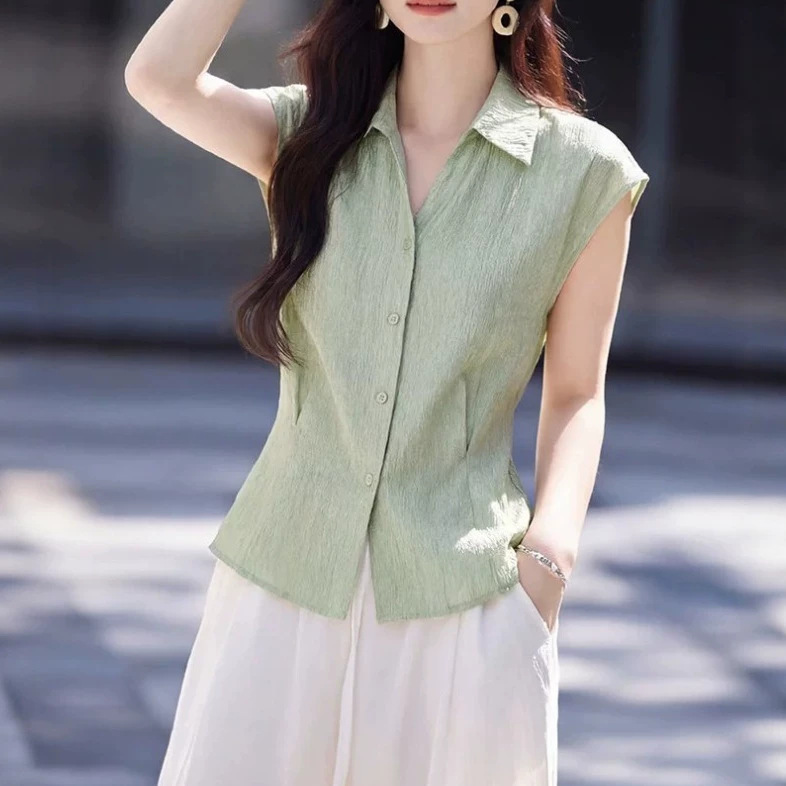 Lightweight Commuting Relaxed Style Shirt 2026 Summer New Waist-Cinching Turn-Down Collar Sleeveless Women's Shirt