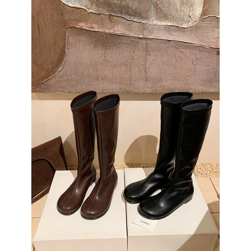 Cowhide ~ Grape Ma Same Style, 4cm Internal Height Increase, Mango Toe, Knee-High Boots for Women, Slim Boots, Mid-Calf Riding Boots