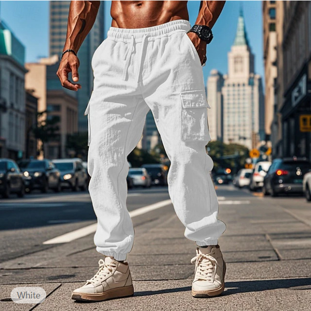 New amazon men's overalls jogging pants pants drawstring elastic waist multi-pocket flat breathable outdoor
