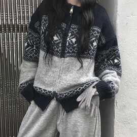 2026韩系新款复古慵懒雪花软糯针织拉链衫宽松毛衣洋气外套女秋冬