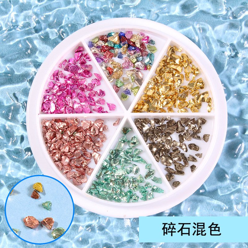 Joyería de uñas 6-rejilla de disco de metal mezclado remache especial en forma de diamante Aurora perla plana diamante joyería de uñas al por mayor