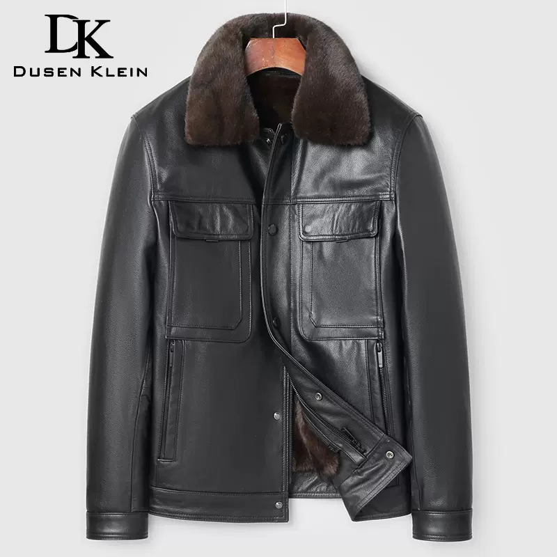 海宁真皮皮衣男翻领头层牛皮夹克加厚加绒可脱卸内胆毛领保暖外套