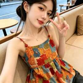 复古度假风彩色油画印花吊带背心女夏季绝美漂亮短款露背无袖上衣